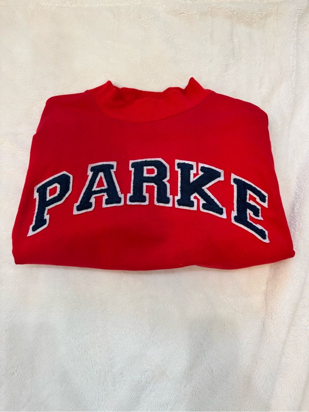 Parke Varsity Mockneck — red with navy and white letters